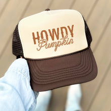 Load image into Gallery viewer, Howdy Pumpkin Hat | Fall Trucker Cap in Brown