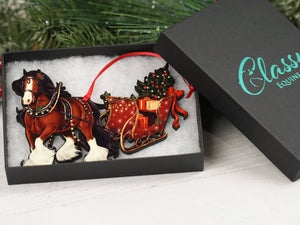 Bay Gypsy Horse Sleigh Ornament, Gypsy Cob Christmas Horse