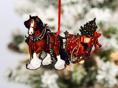 Bay Gypsy Horse Sleigh Ornament, Gypsy Cob Christmas Horse